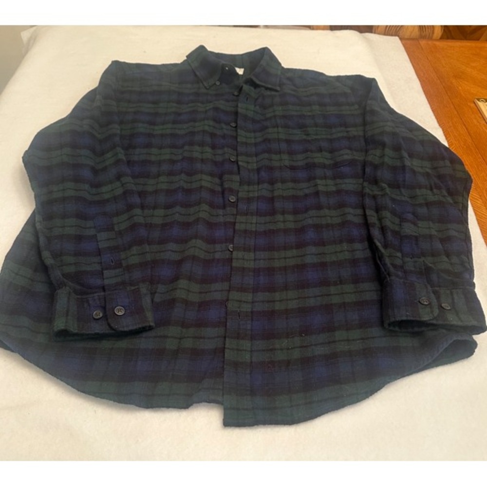 Croft Barrow Mens Flannel Plaid Shirt Large L Black Watch Button Down Green Blue